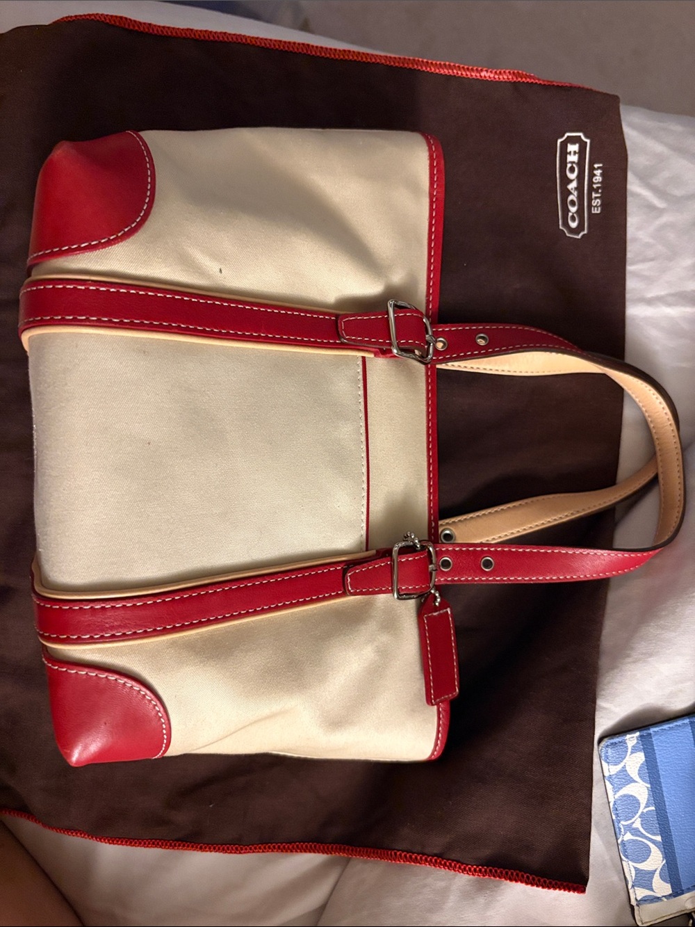 Coach Cream Leather Tote with Red Trim